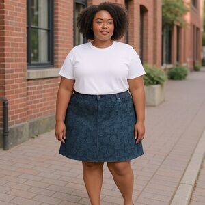 # 0208
Cjbanks Women’s Skorts Rose Patterned 2-Tone Denim Skirt Size 18W Lined